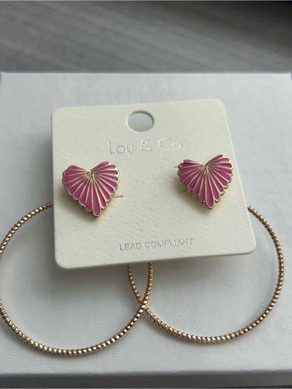 NEW Lou & Co Pink Enamel Heart Stud Earrings + Gold Hoop Earrings Set